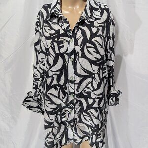 Chico's 100% Linen Button Up Black and White Floral Print Women's 14 Beachy